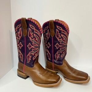 Ariat Womens Brown Purple Leather Square Toe Western Boots 10061147 Size 8.5 B